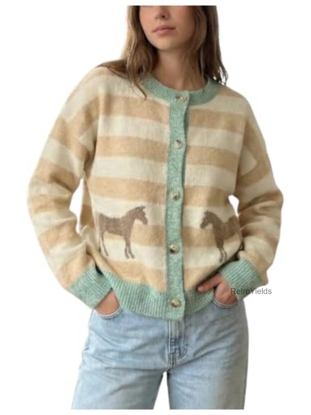 Womens Striped Crew Neck Long Sleeve Knit Cardigan Horse Icon